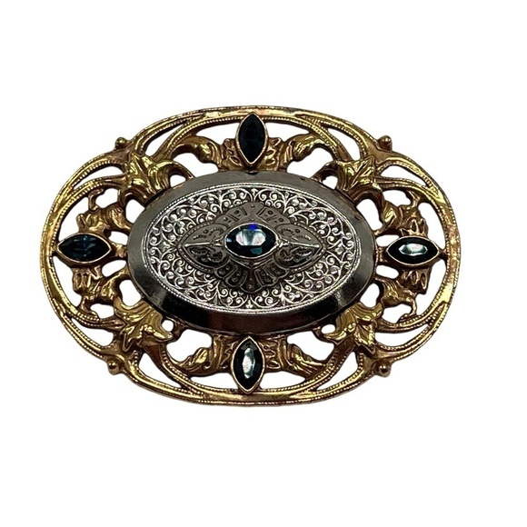 Gold Silver Blue Stone Scroll Western Brooch Pin Vintage - Picture 1 of 6